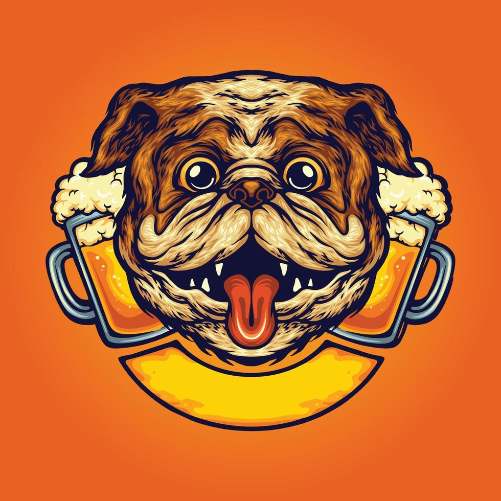 Funny dog beer glass logo cartoon illustrations vector