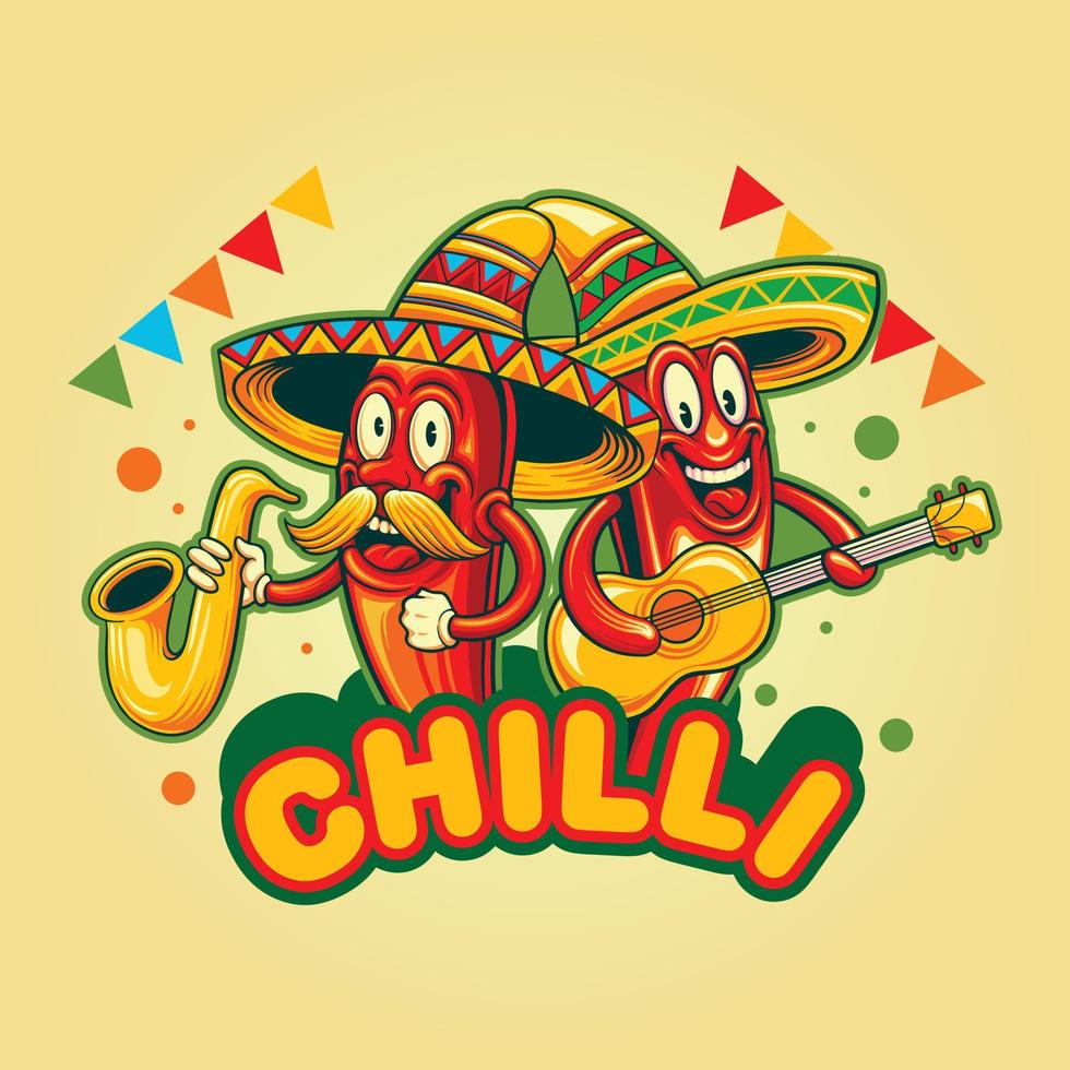 Happy cinco de mayo chilli pepper playing guitar illustrations vector