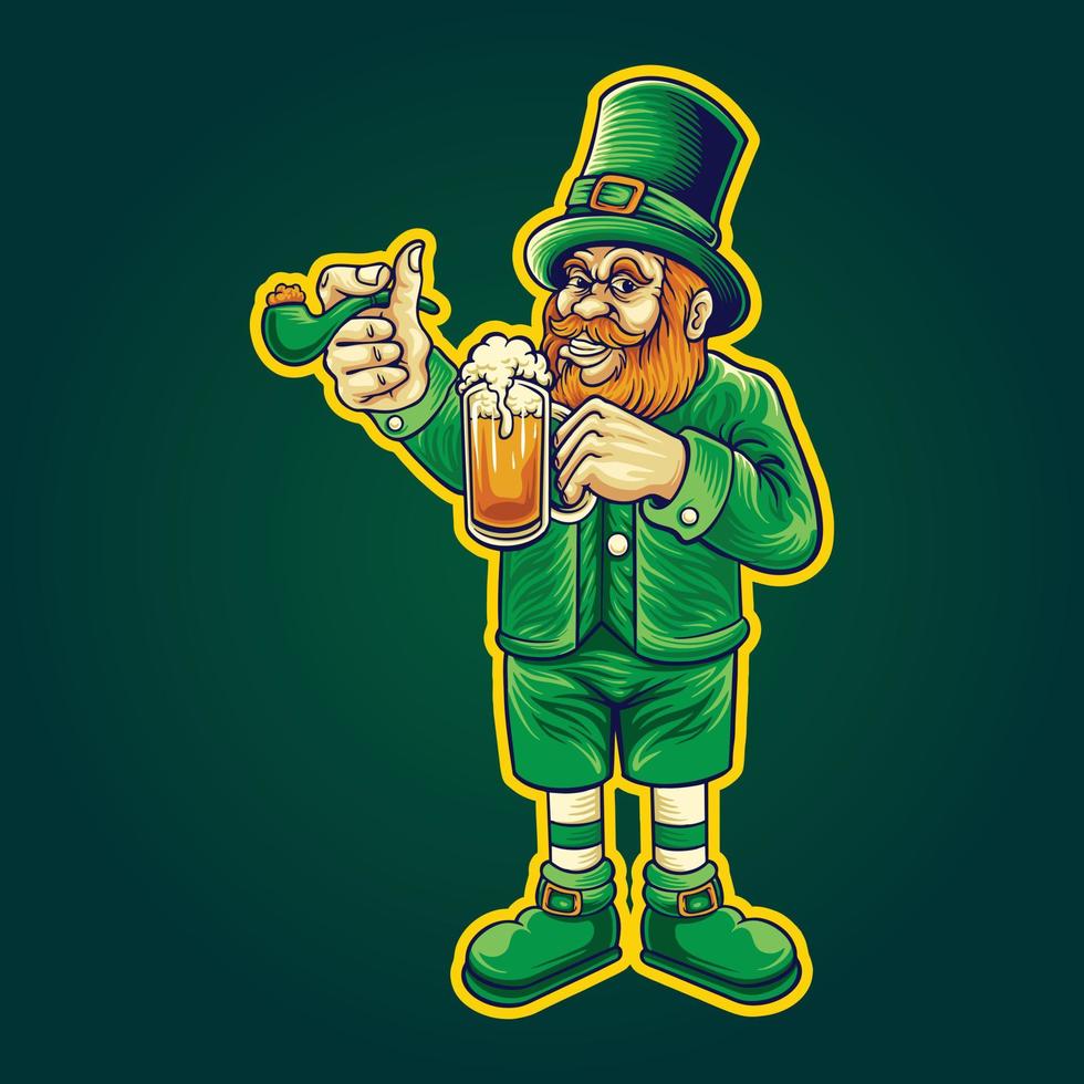 Saint patricks day leprechaun beer glass cartoon logo illustrations vector