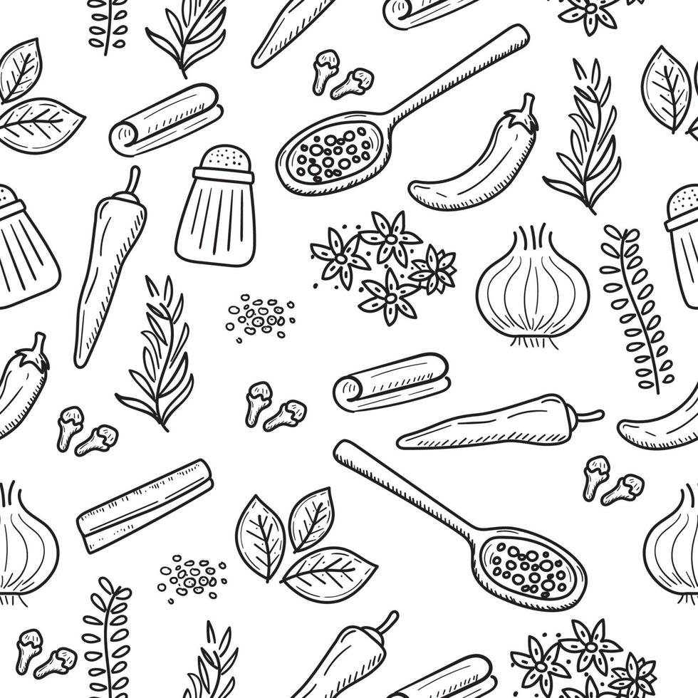 Set of herb and spices doodle illustration. Herb and spices doodle seamless pattern vector