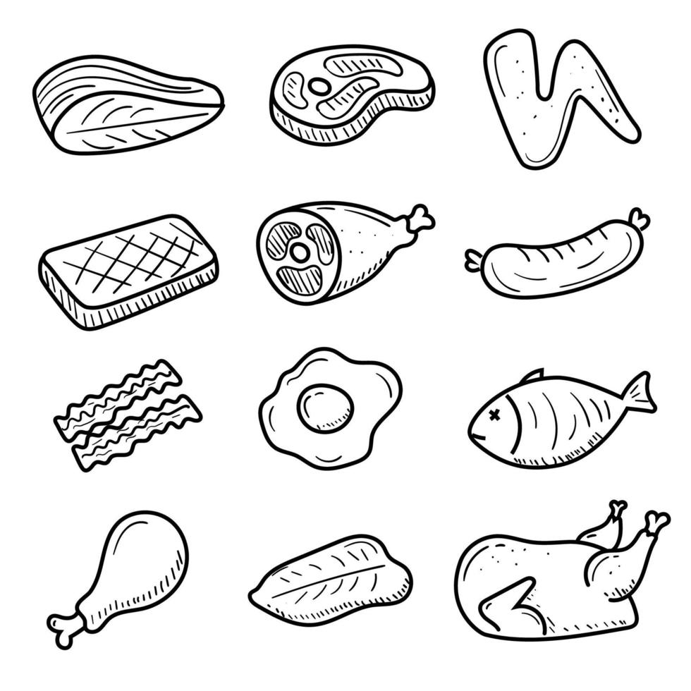 Set of meats doodle illustration isolated on white background vector