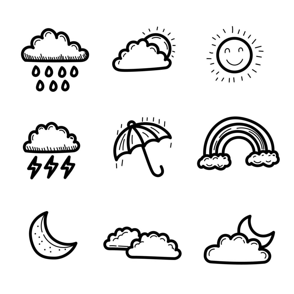 Set of weather icons in doodle style isolated on white background vector