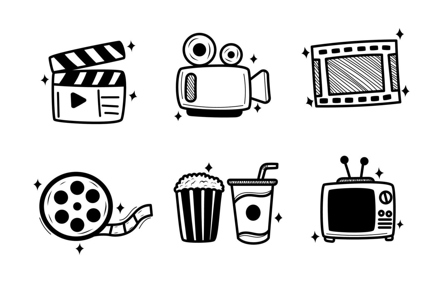 Set of movie elements vector illustration in cute doodle style isolated on white background