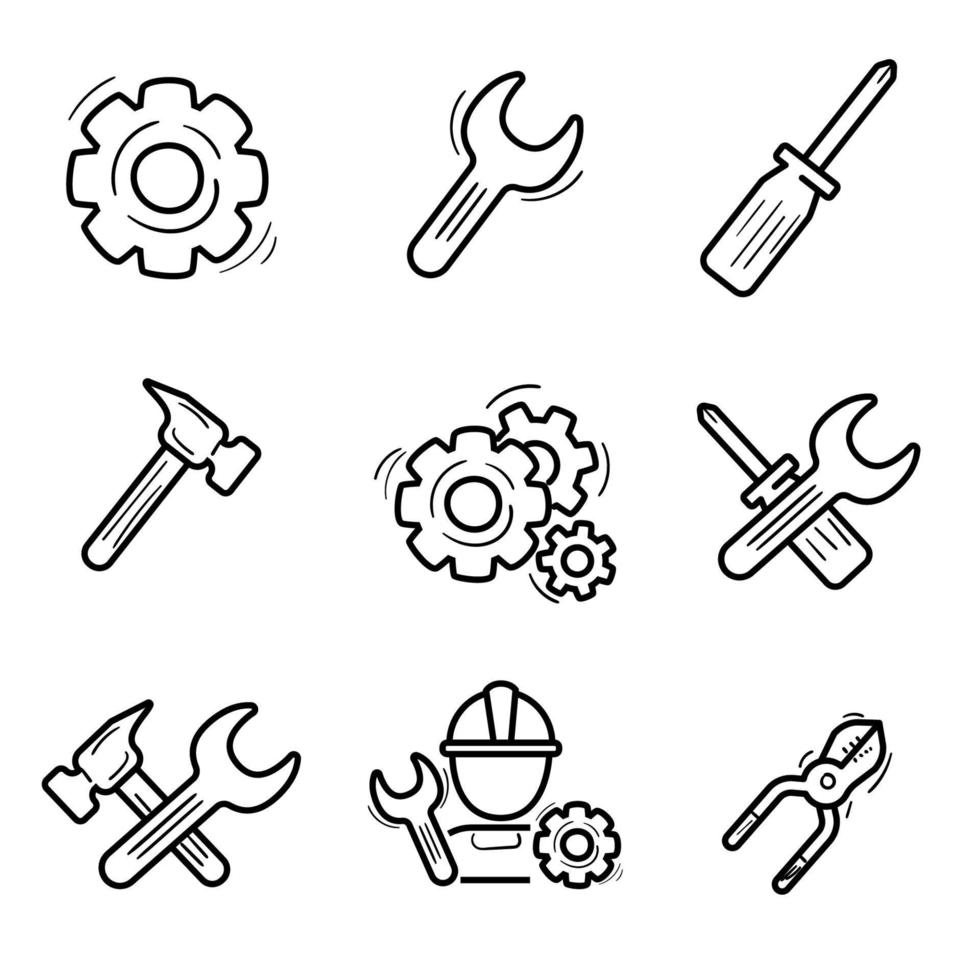 conjunto de reparar y herramientas icono en garabatear estilo vector