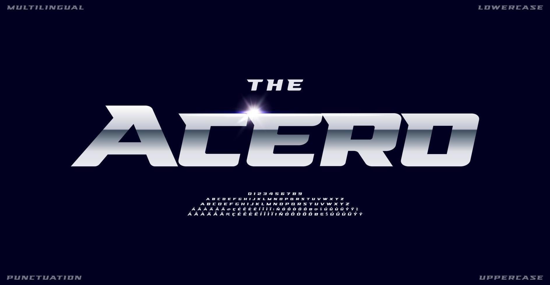 Speed and power typeface, multilingual alphabet with letters, numbers punctuation marks. Sleek shiny chrome symbols for sport font, dynamic logo, racing headline. Vector typographic design.