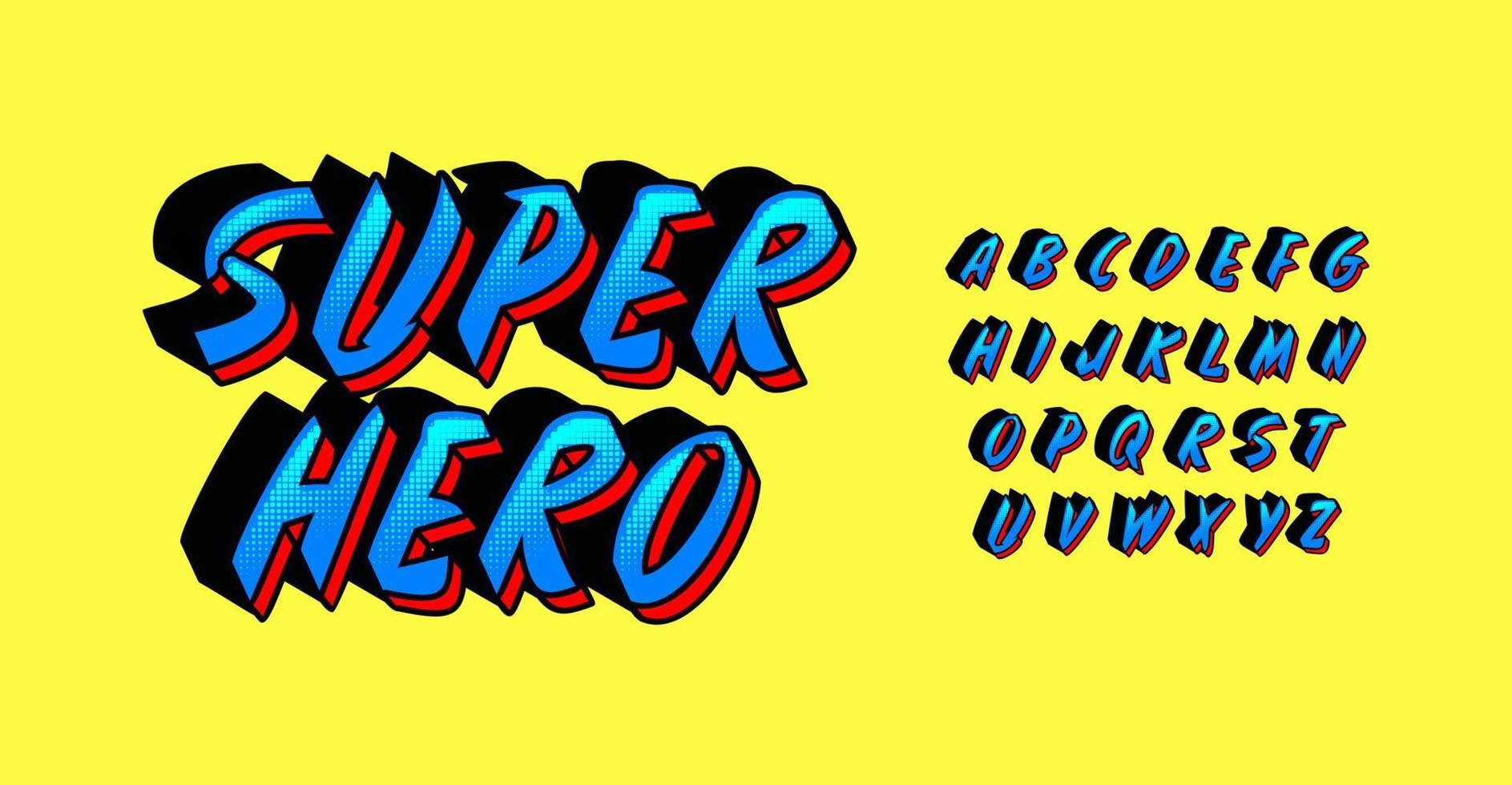 Comic book alphabet, superhero dynamic letters, onomatopoeia font for cartoon logo and headline, funny vintage typography with 3d effect, game design. Vector typographic design