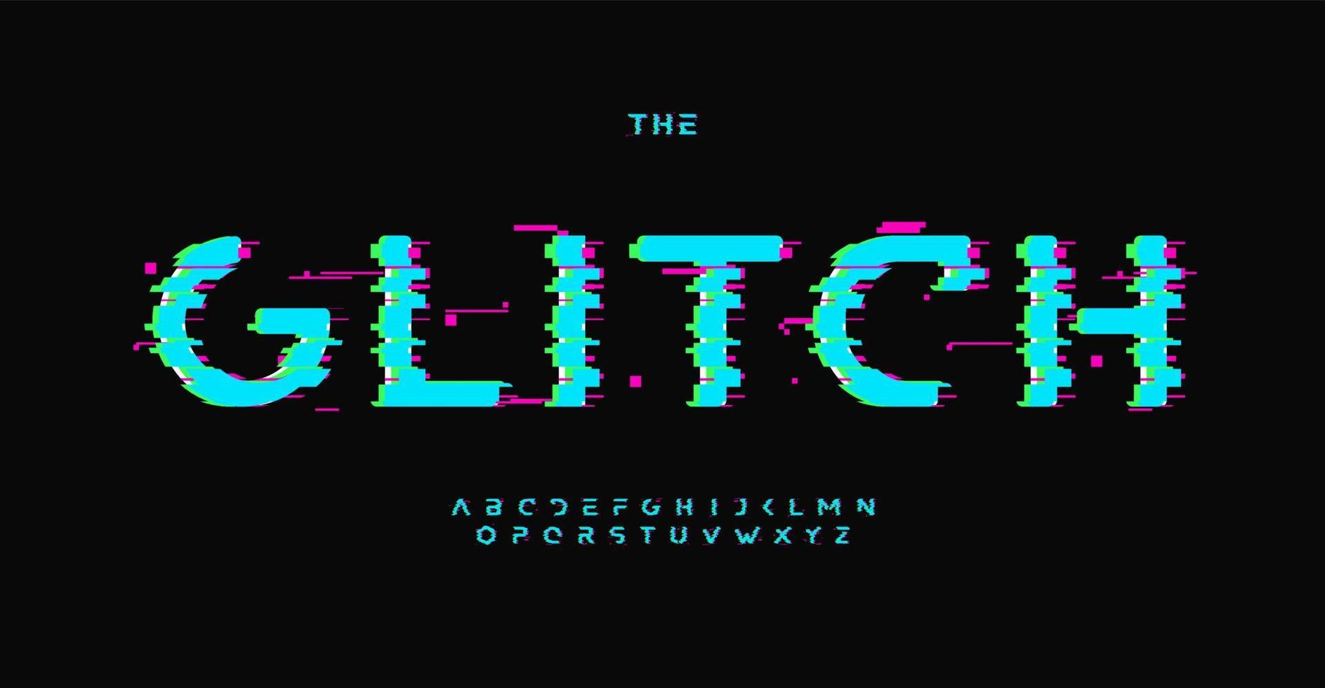 Glitch alphabet, digital distorted sans serif letters, display error font for techno logo, cinematic headline, loss connect graphic effect typography, game design. Vector typographic design.