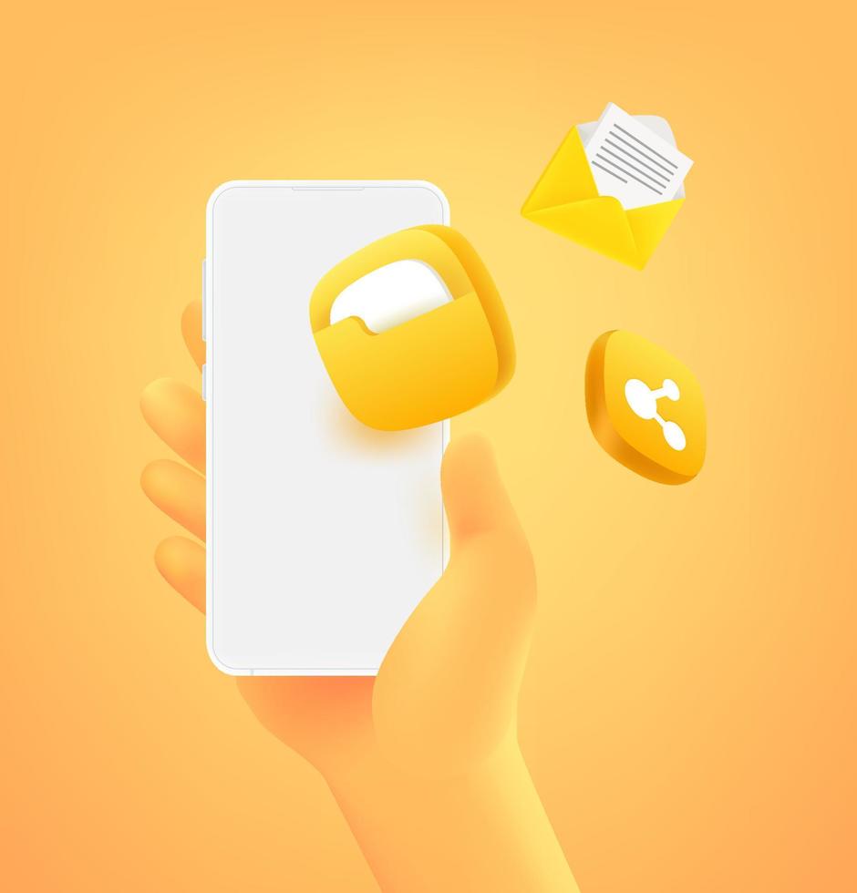 Comic hand with smartphone and different content icons. 3d vector illustration
