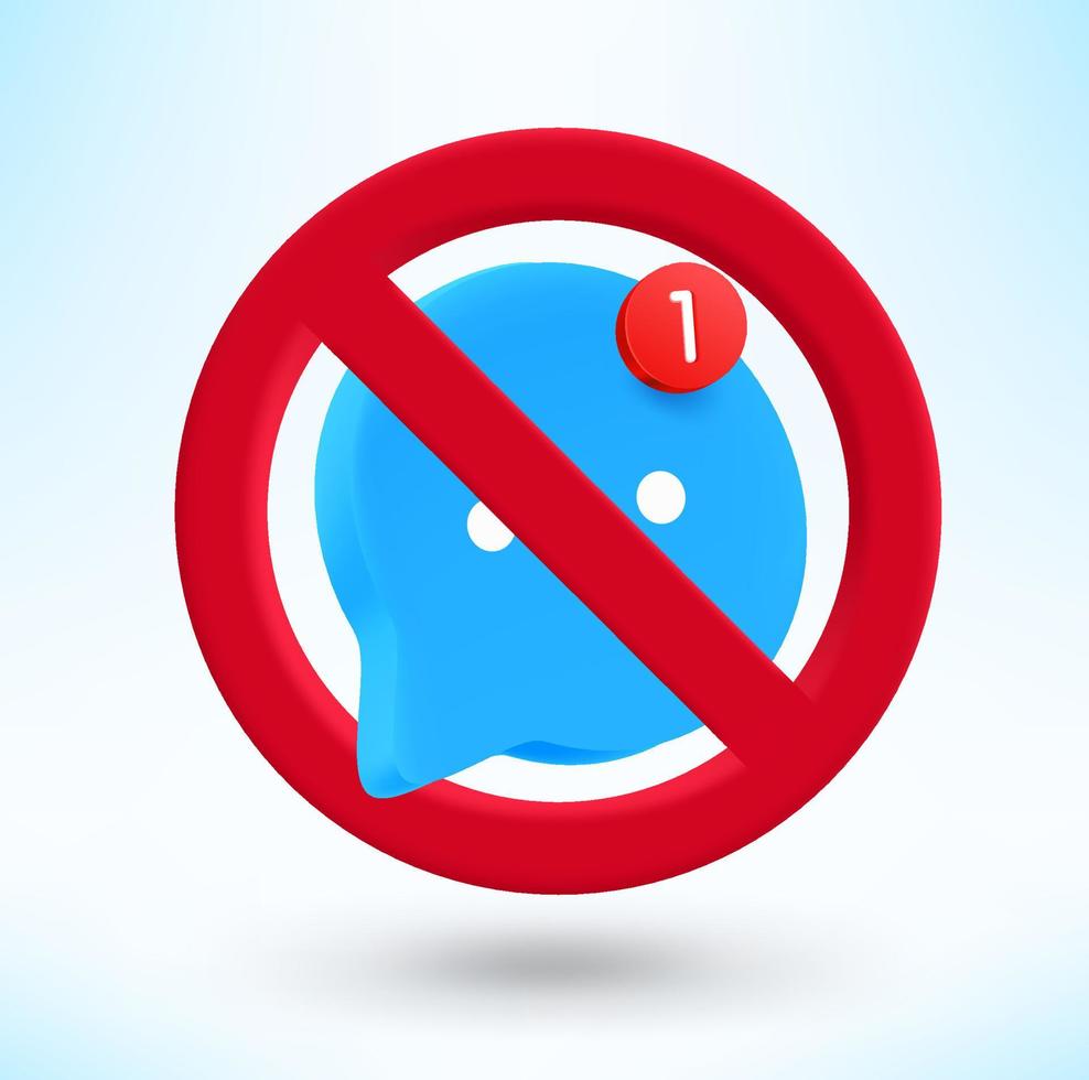 Blue speech cloud with notification icon in circle with crossed line. 3d vector icon