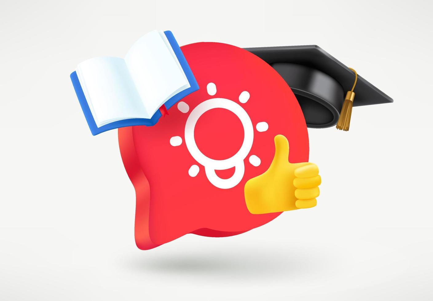 Speech cloud with lightbulb, hand, cap and book. 3d vector illustration