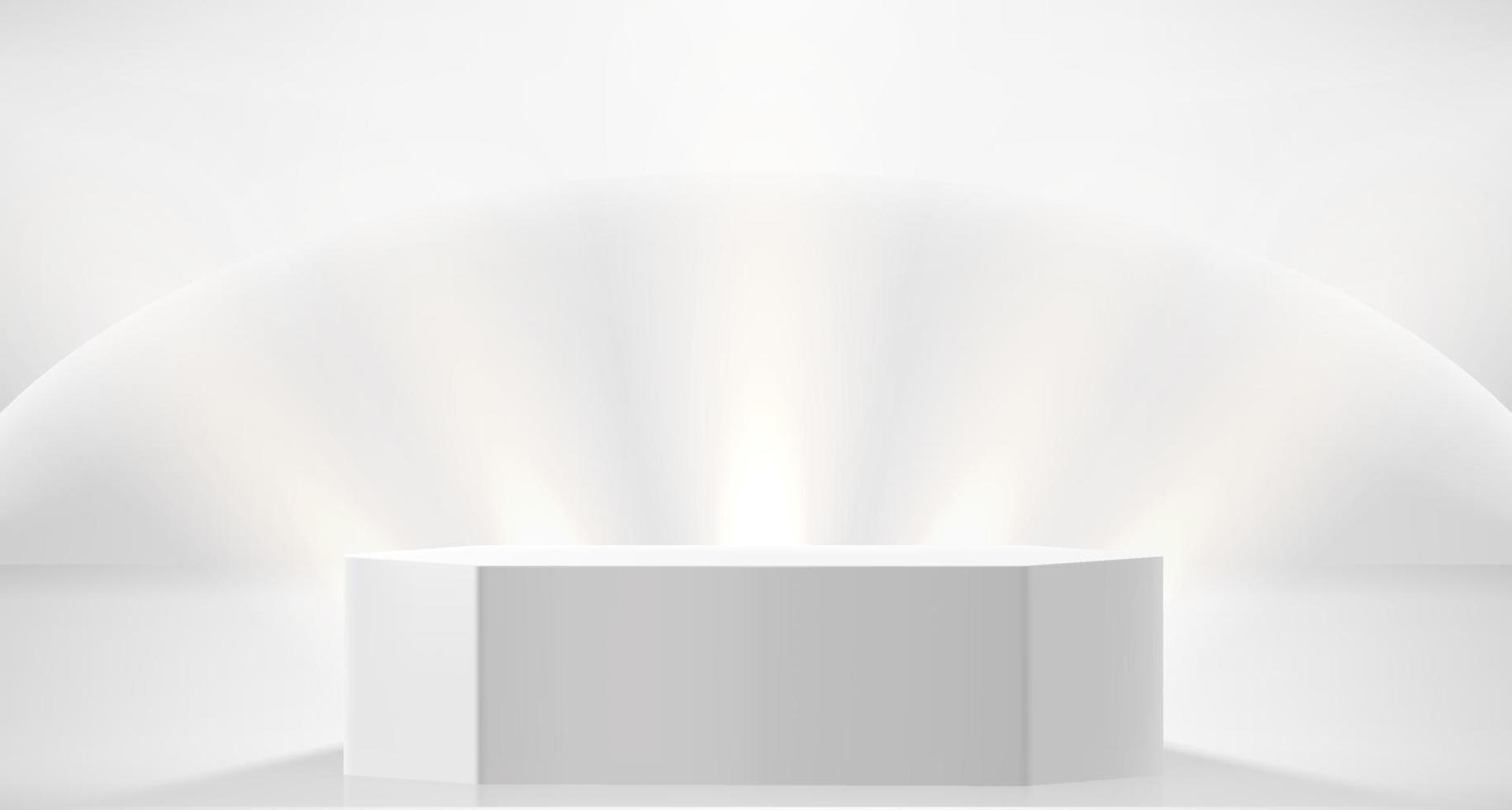 Illuminated white interior with bright spotlights and podium. Showcase for a product. 3d vector illustration