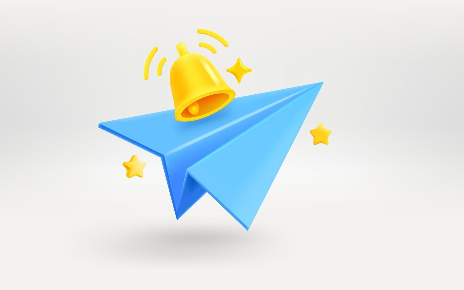 Green envolope, golden dell and blue plane. Sending or receiving a new message concept. 3d vector illustration