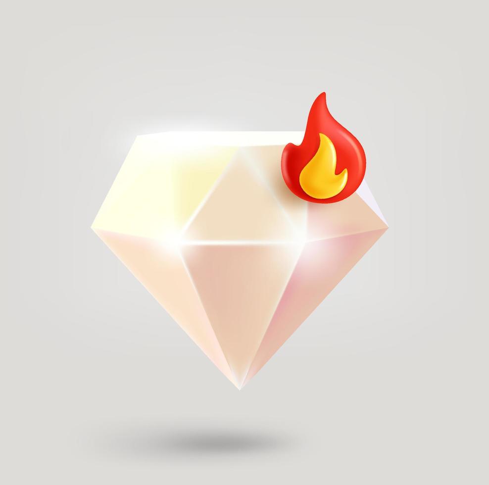 White crystal with flame symbol. 3d vector icon isolated on white background