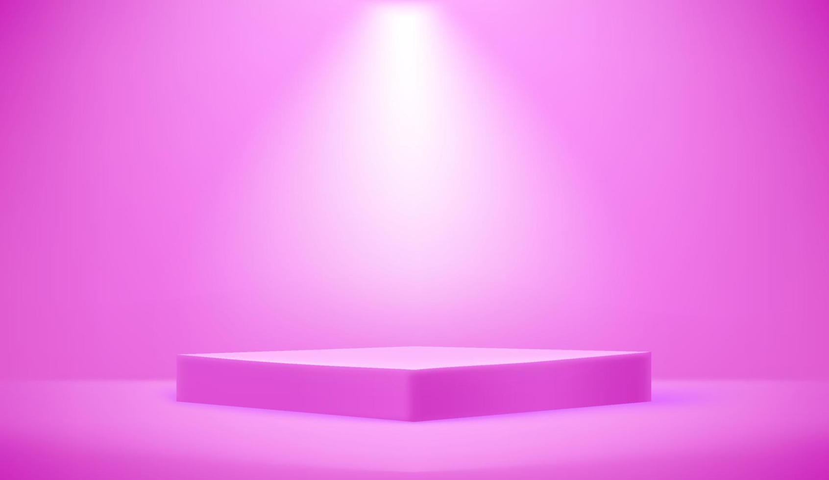 Empty pink illuminated room with square pedestal. Realistic 3d style vector illustration. Template for objects