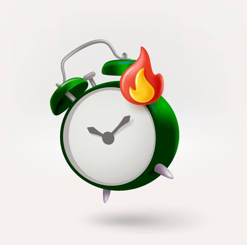 Alarm clock icon with bonfire. Deadline concept. 3d vector icon isolated on white background