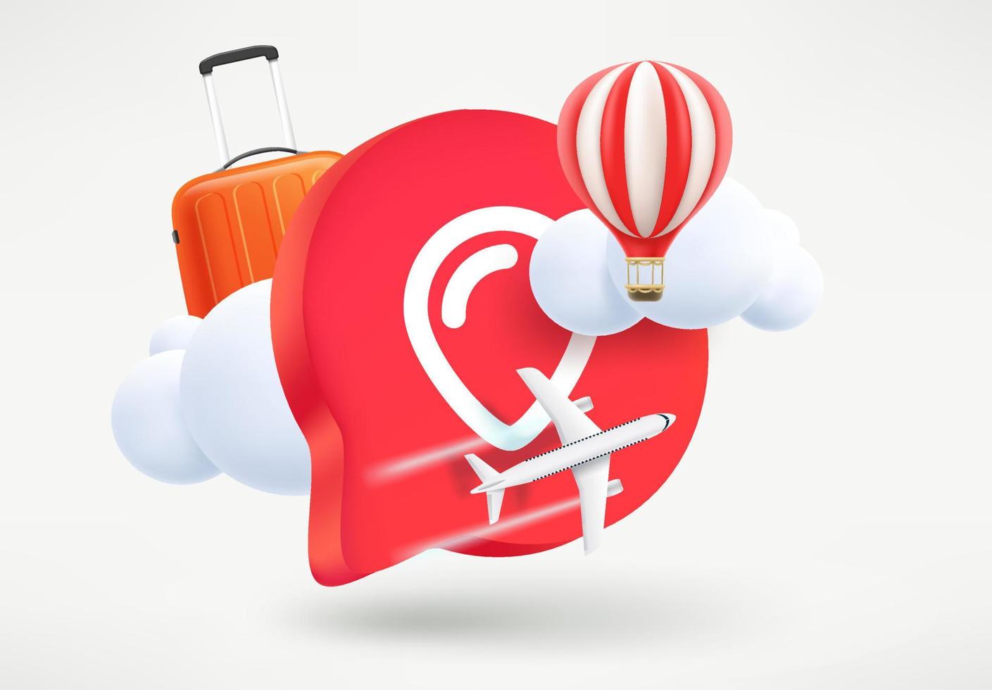 Speech cloud with map pin, bag, balloon and clouds. Travel concept. 3d vector illustration