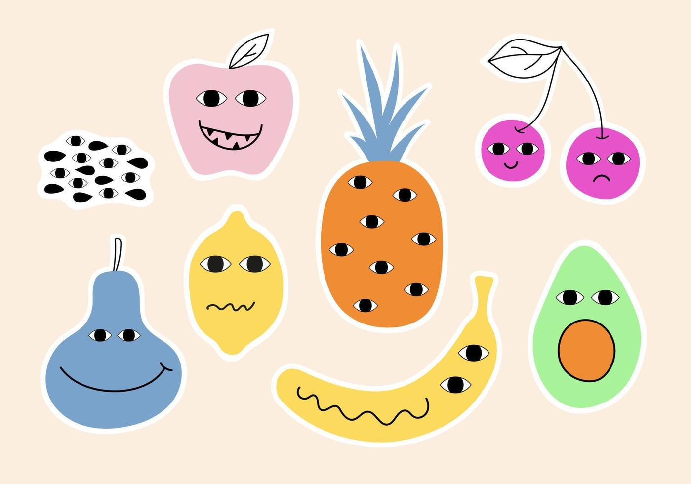 Set of drawn fruit stickers. Drawing style. Various colorful fruits for drawing, textile. Interior painting. flat design. Hand drawn fashion vector illustration.
