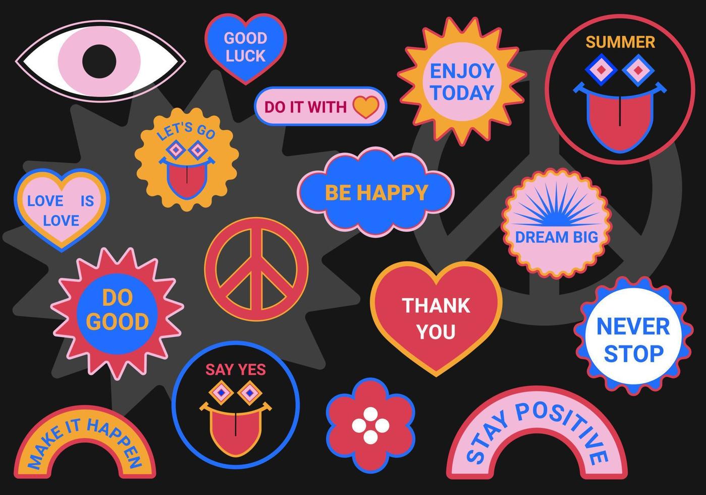 Set of vector funny stickers. Glued paper stickers. Bright, positive, vector illustrations.