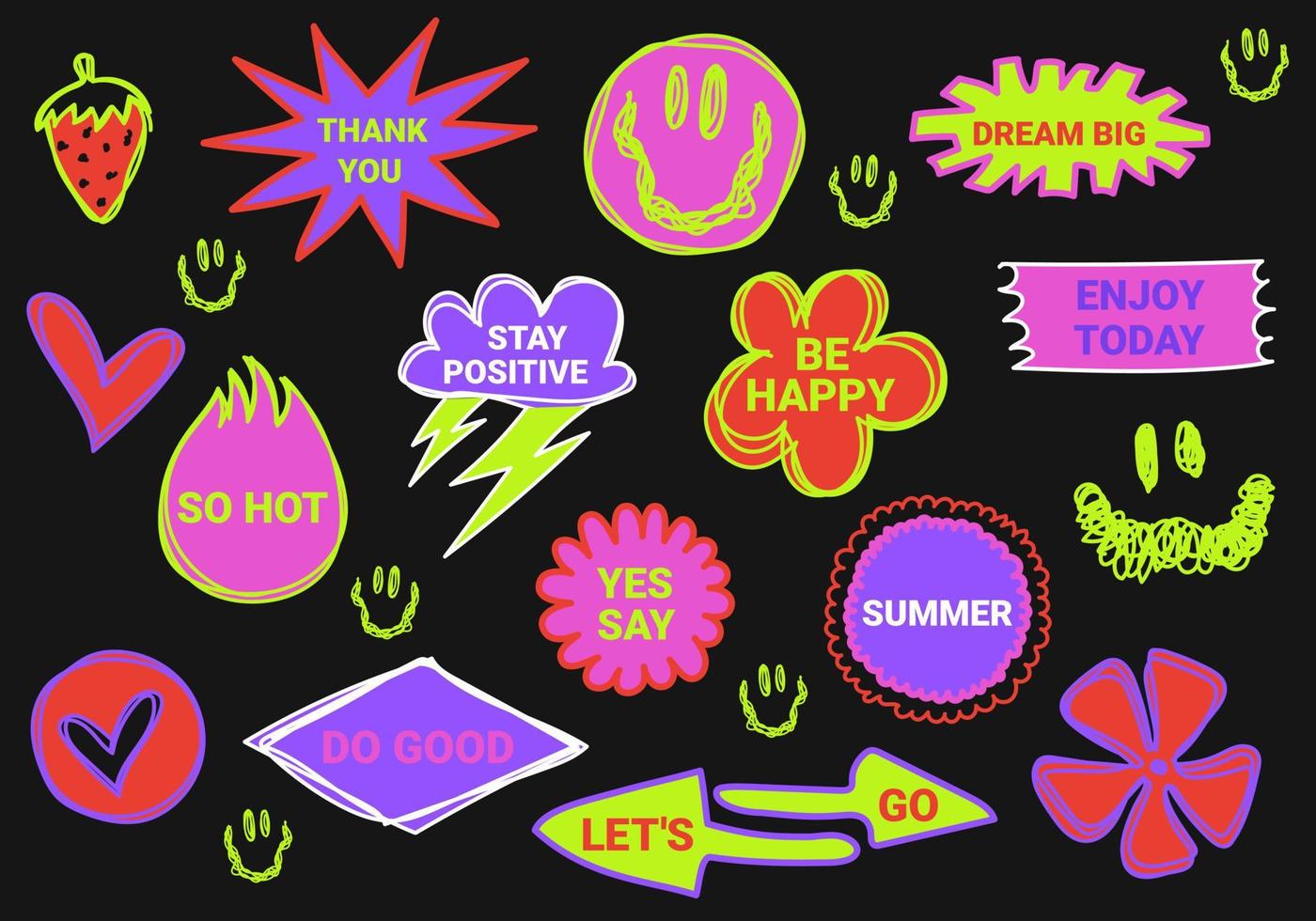 Set of vector funny stickers. Glued paper stickers. Bright, positive, vector illustrations.