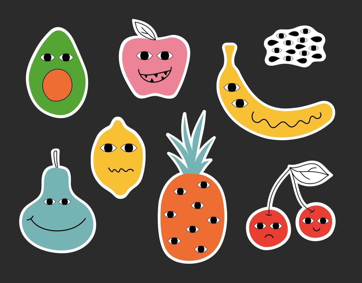 resumen frutas con diferente emociones pegatinas colocar. dibujo estilo. varios vistoso caracteres. dibujos animados estilo. plano diseño. mano dibujado vector Moda ilustración. cada pegatina es aislado.