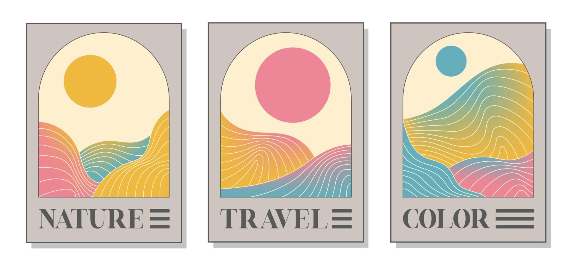 conjunto de tres carteles de arte abstracto. naturaleza y puesta de sol. dibujado a mano varias formas y líneas. ilustración vectorial de moda moderna. cada fondo está aislado. vector