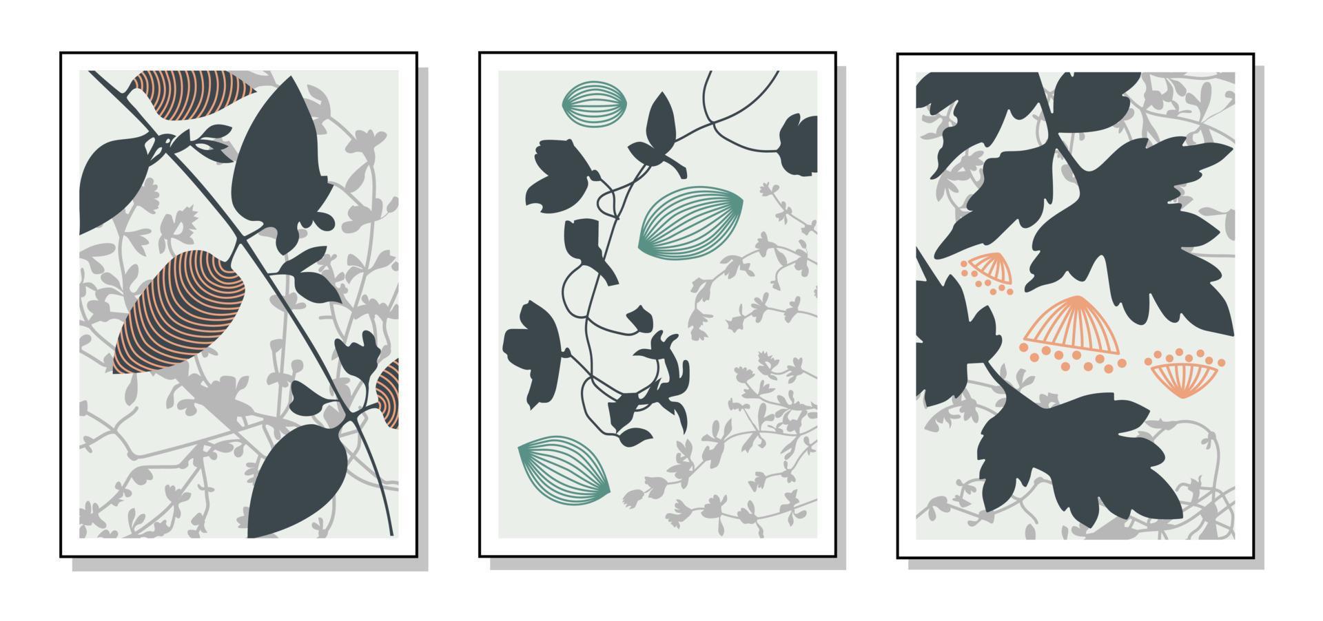 Graceful plants with leaves. Interior graphics. Thin line. Black and white illustrations of flowers, plants for covers, pictures. Vector illustration.