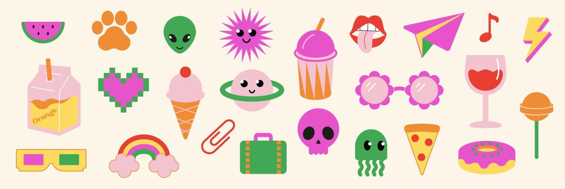 Set of vector funny stickers. Glued paper stickers. Bright, positive, vector illustrations.