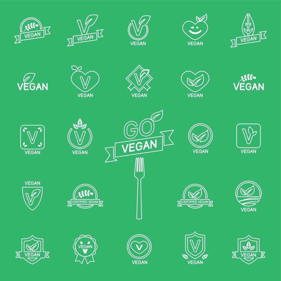 White thin line icons set 24 Icons Vegan food, set of badges, emblems and stamps vector on color background