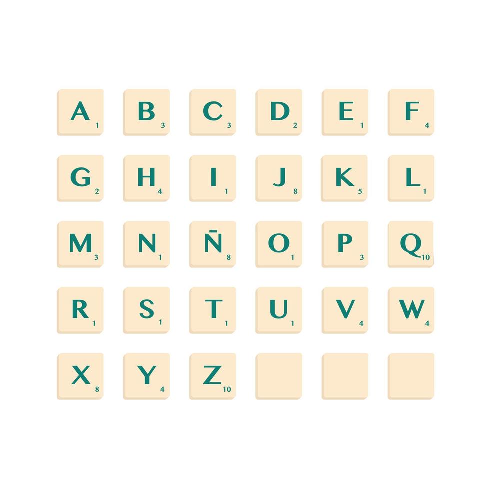 Gren complete Alphabet uppercase in scrabble letters. Isolate vector illustration ready to compose words and phrases