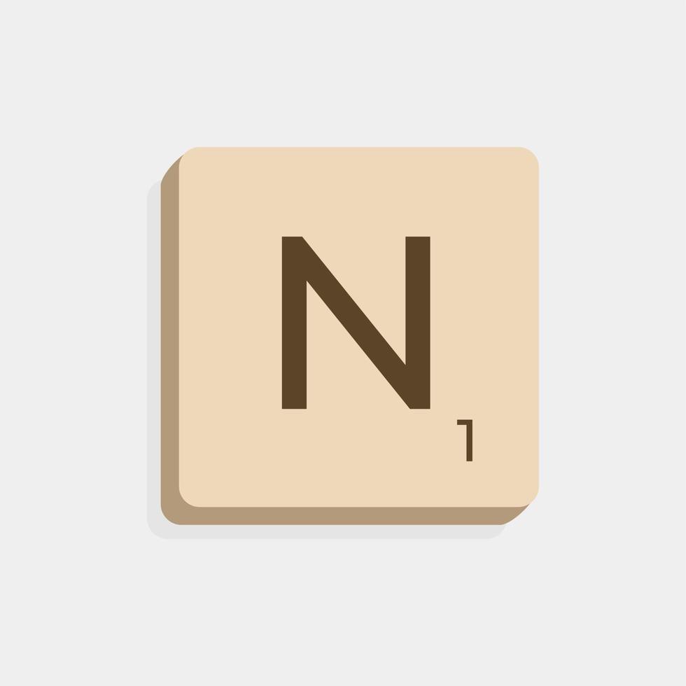 N uppercase in scrabble letters. Isolate vector illustration ready to compose words and phrases