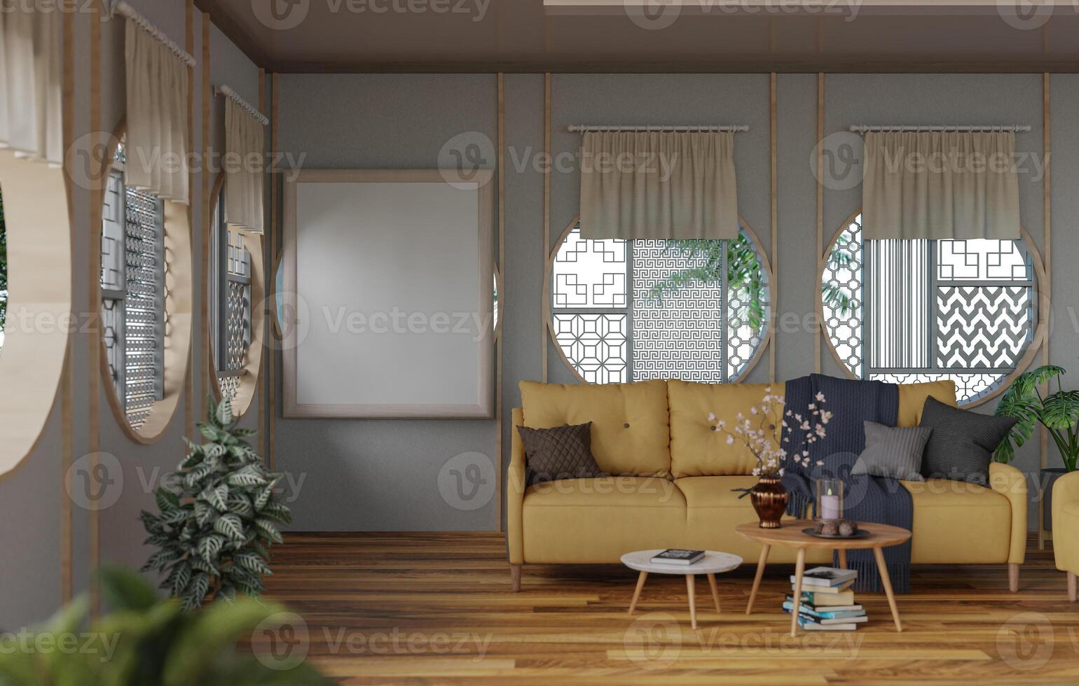 3D mockup blank photo frame in living room rendering