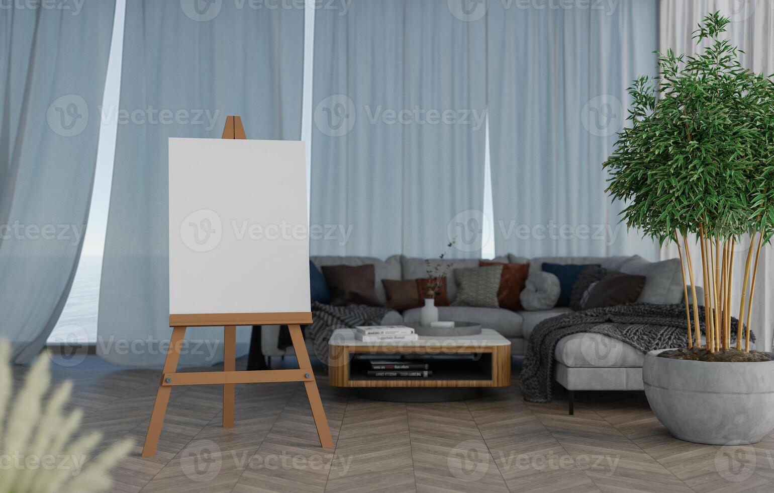 3D mockup blank photo frame on tripod in living room rendering