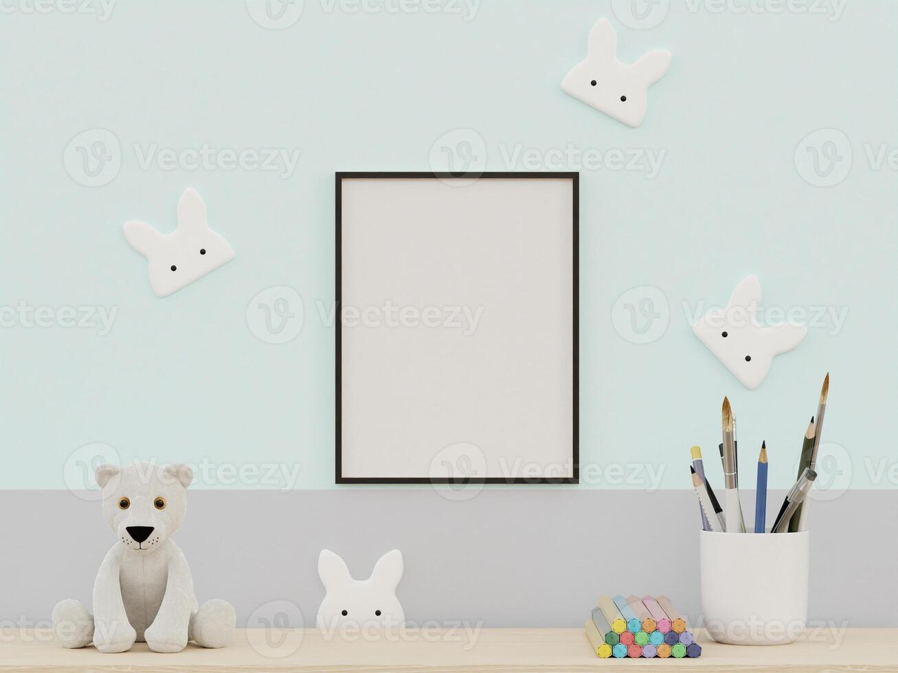 3D mockup photo frame in chidren room rendering