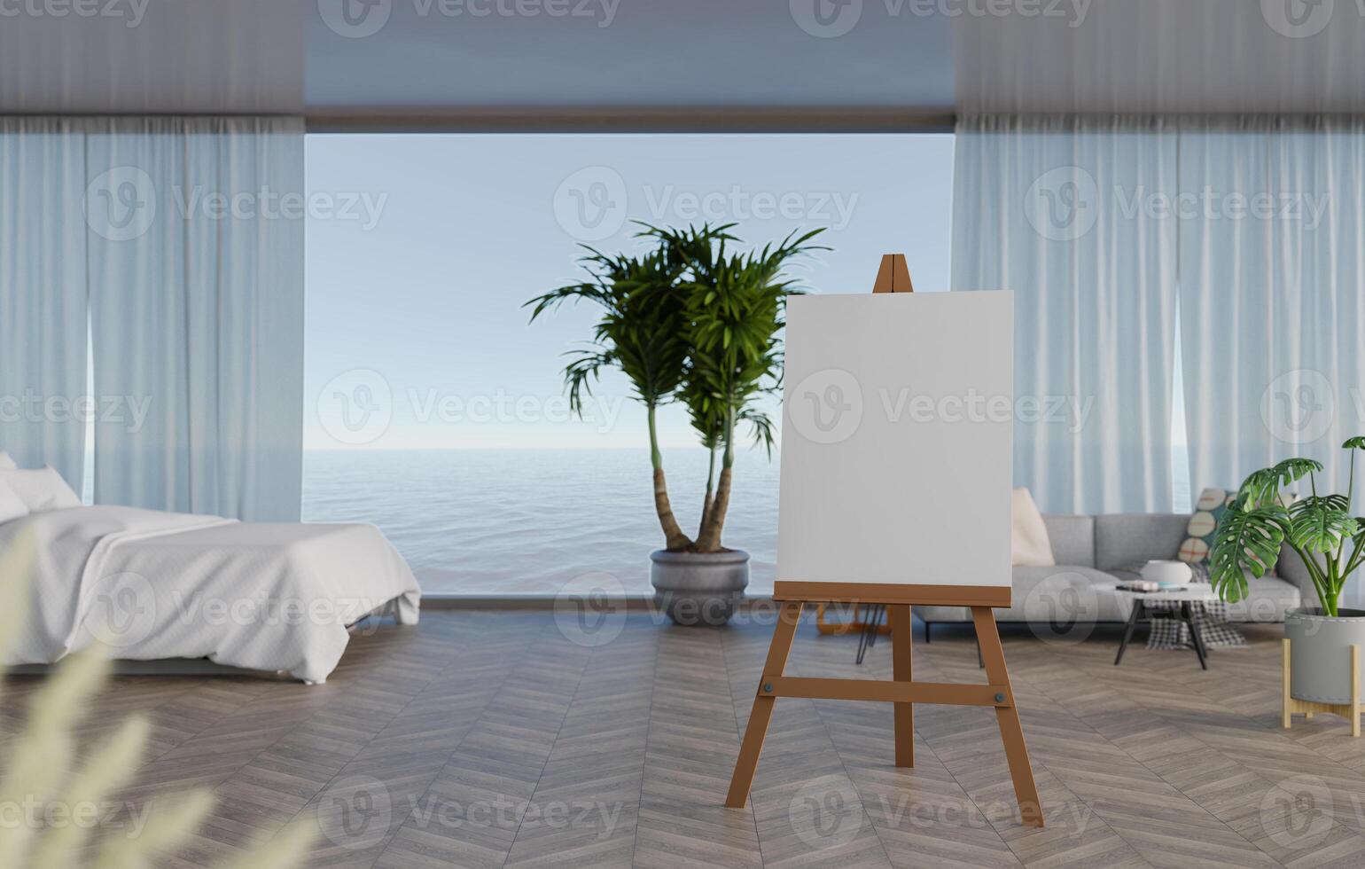 3D mockup blank canvas on Wooden easel in bedroom rendering photo