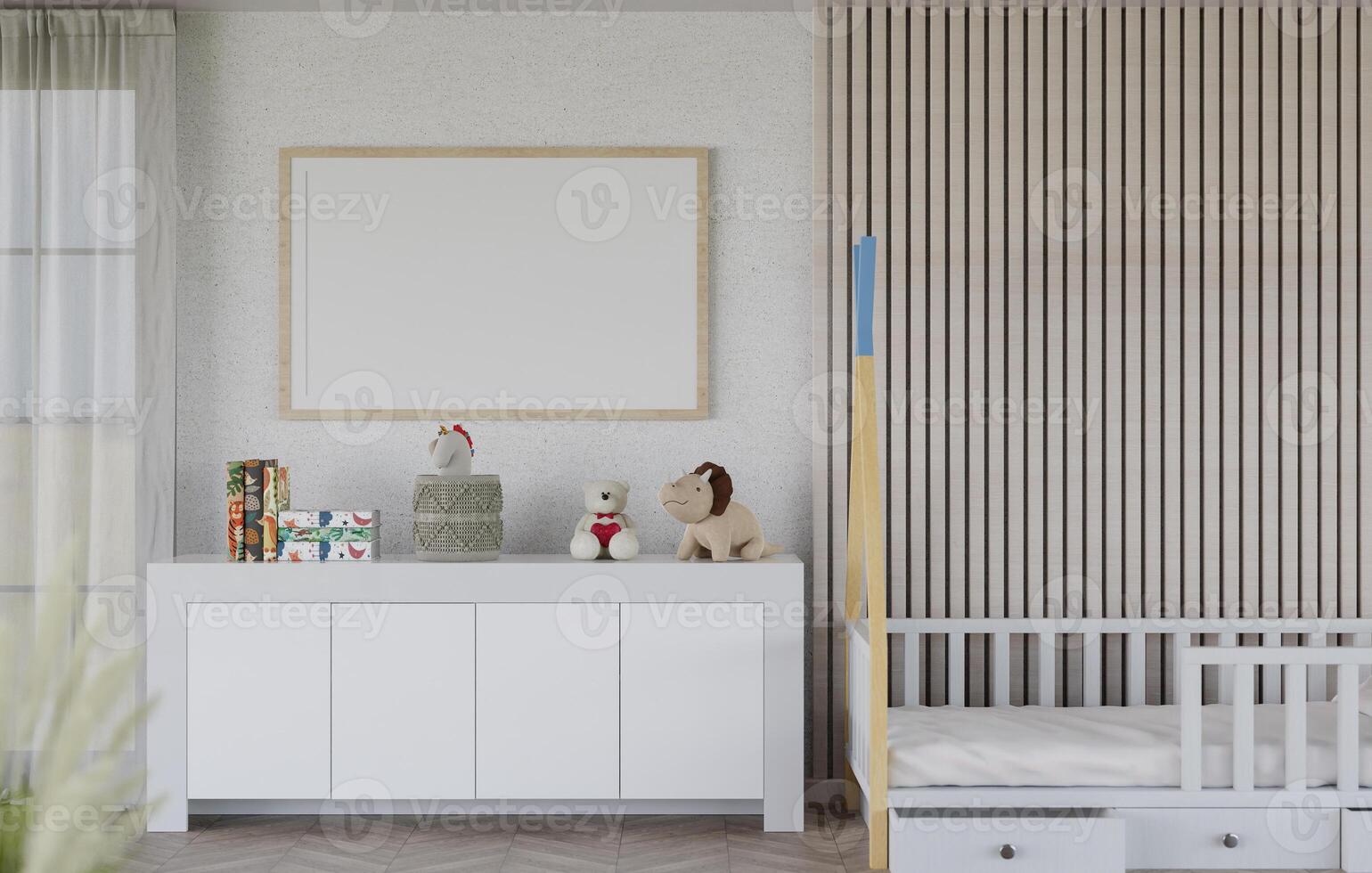 3D mockup blank photo frame in chirldren room rendering