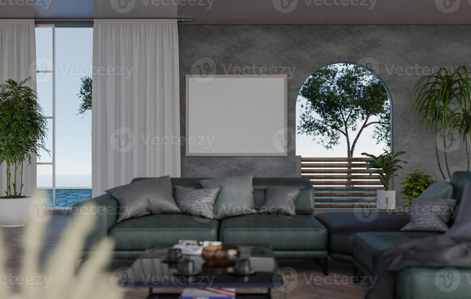 3D mockup blank photo frame in living room rendering