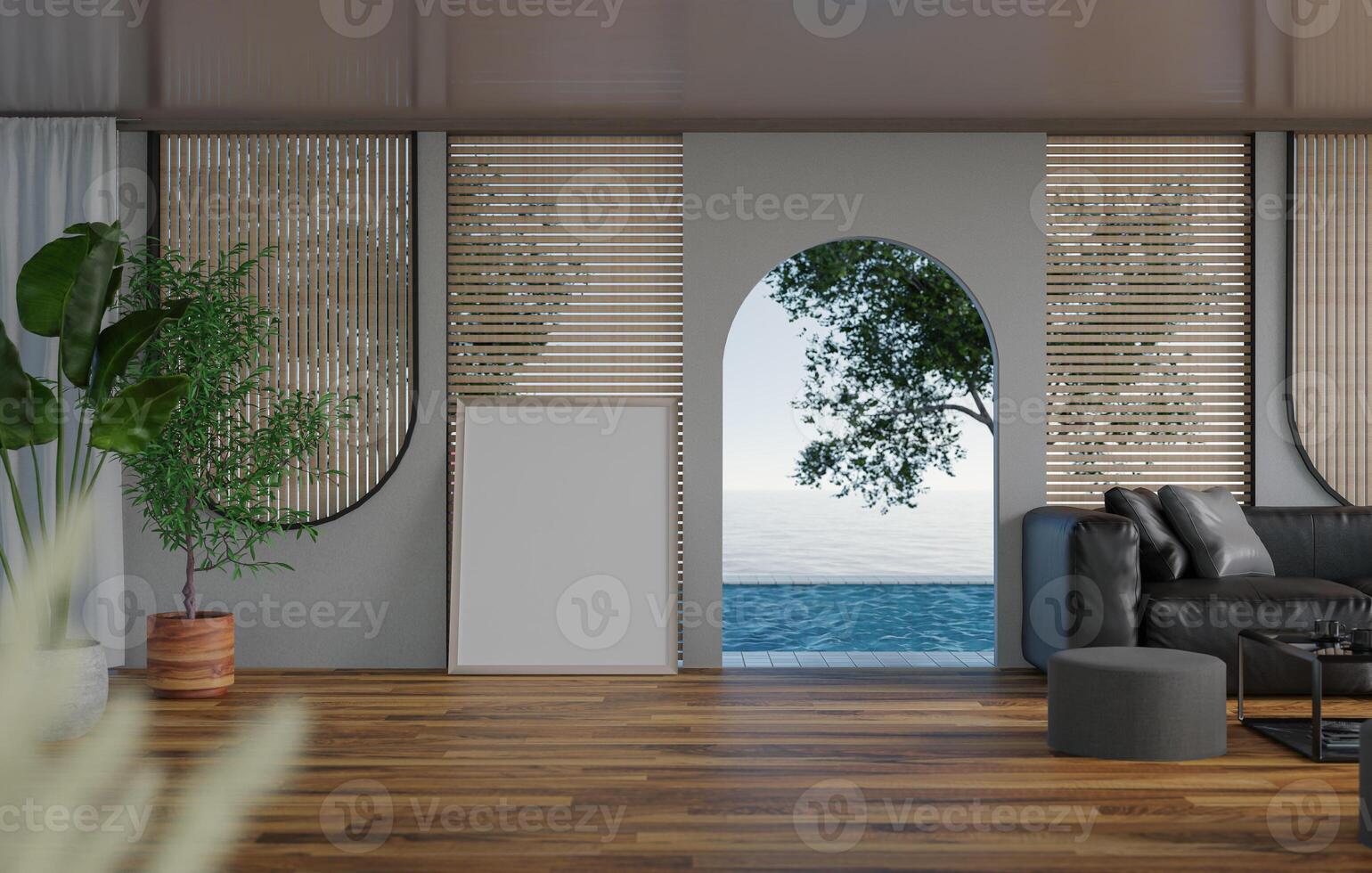 3D mockup blank photo frame in living room rendering