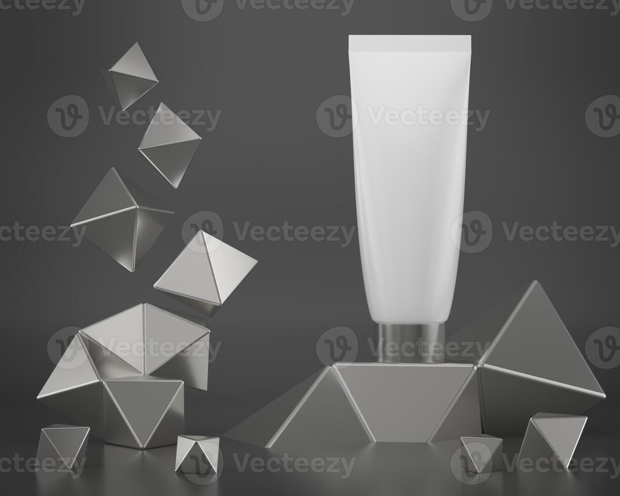 A mock up of realistic White blank cosmetic tube and spray bottle isolated on grey background, 3d rendering , 3D illustration photo