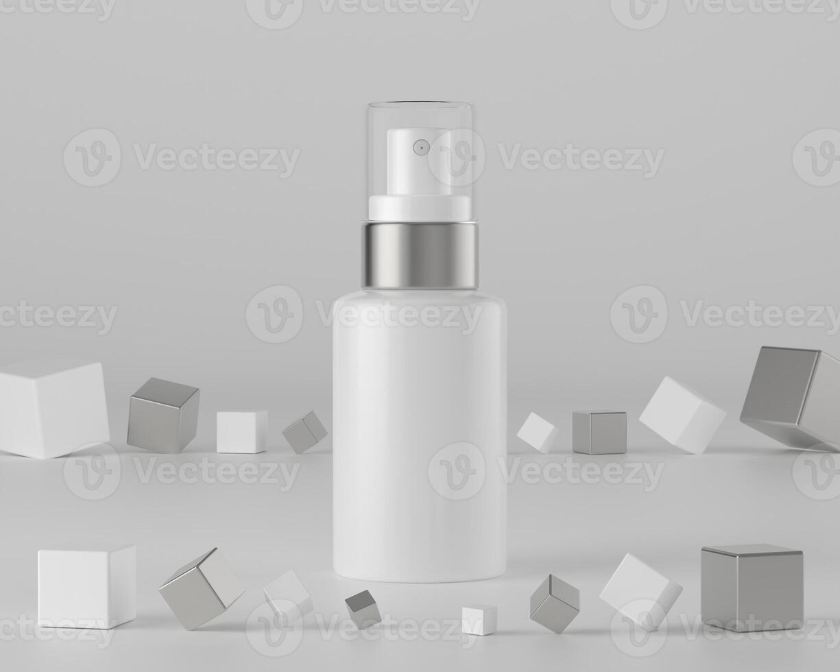 A mock up of realistic White blank cosmetic tube and spray bottle isolated on grey background, 3d rendering , 3D illustration photo