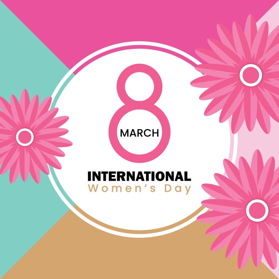 8 march international women's day getting card design with flower's and round shape vector