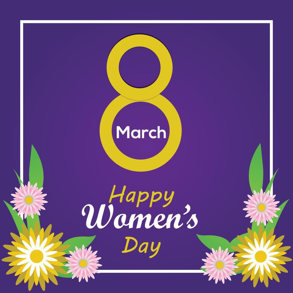 8 march happy women's day social post design with flowers, purples color background vector