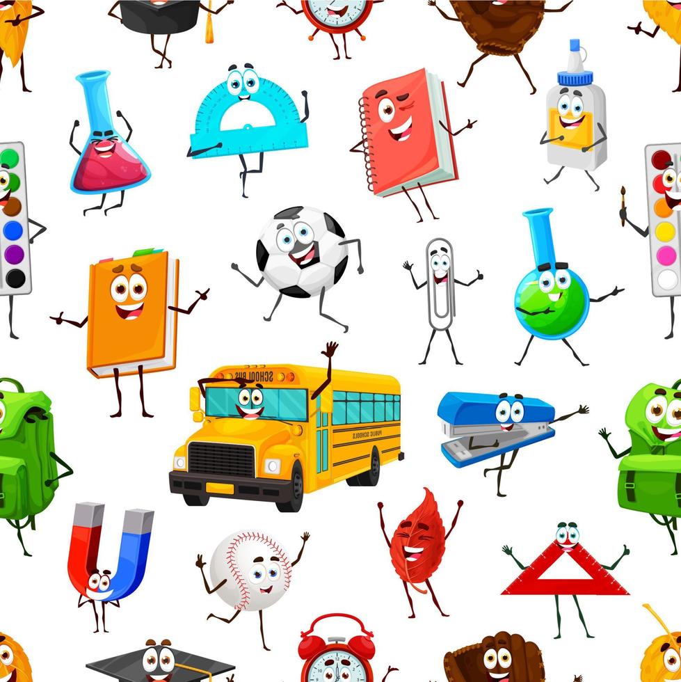Cartoon school stationery characters pattern vector