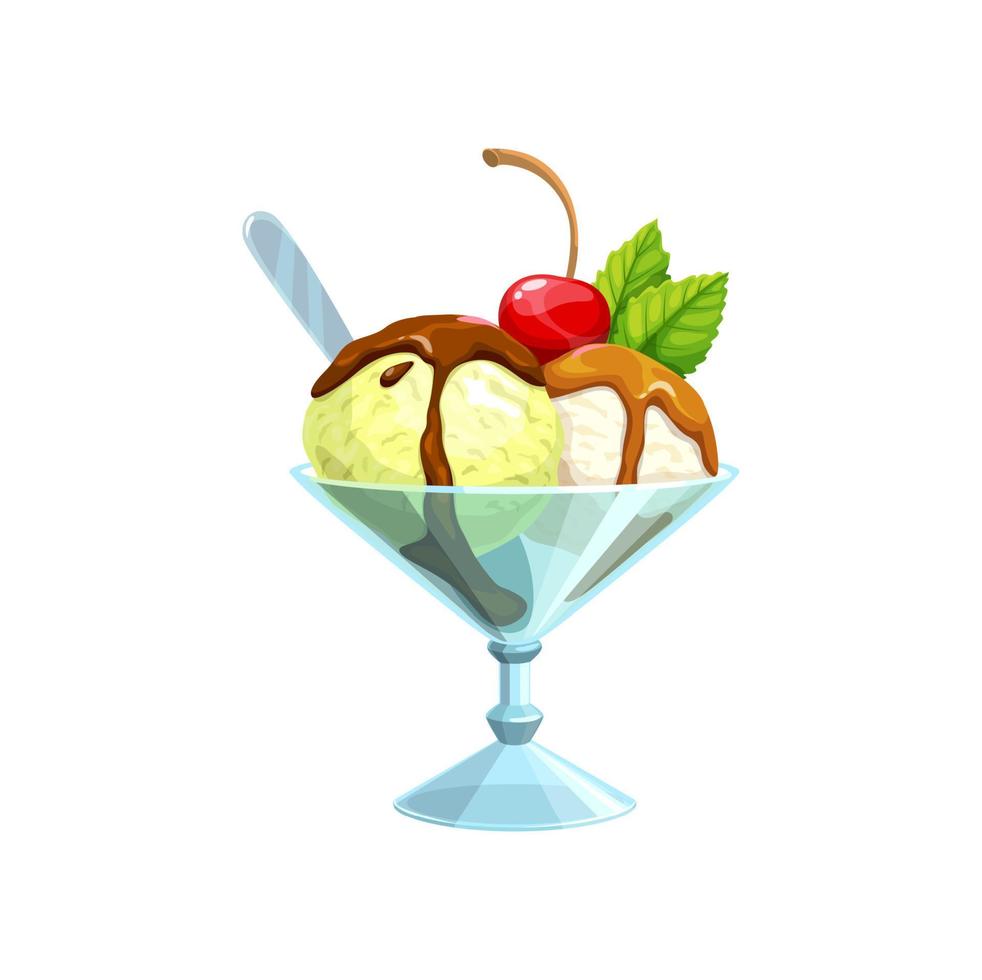 Cartoon vanilla ice cream with cherry in glass vector