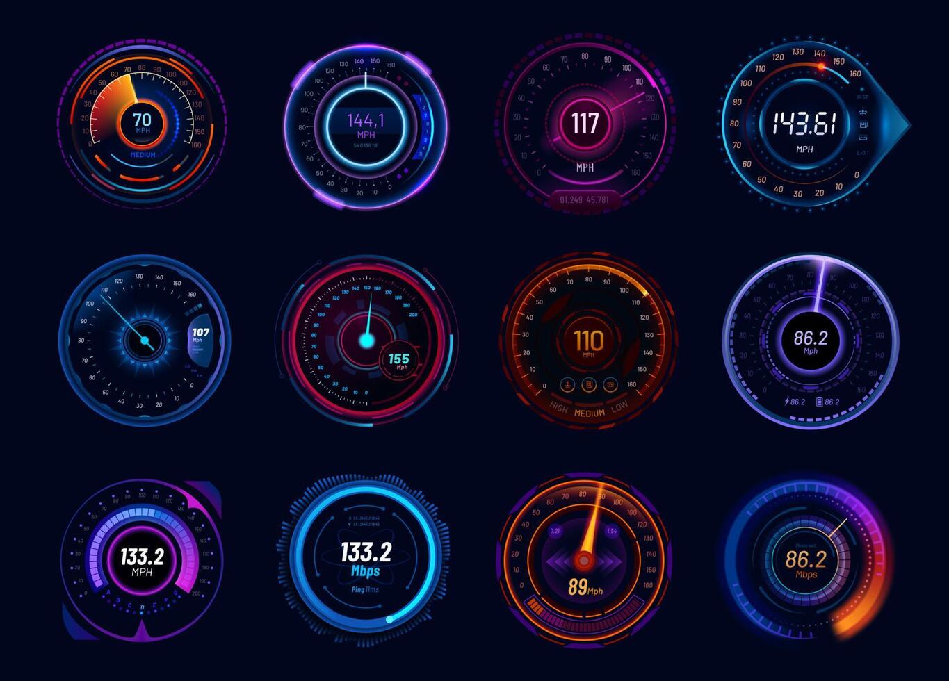 Futuristic car speedometer gauge neon dials 20402090 Vector Art at Vecteezy