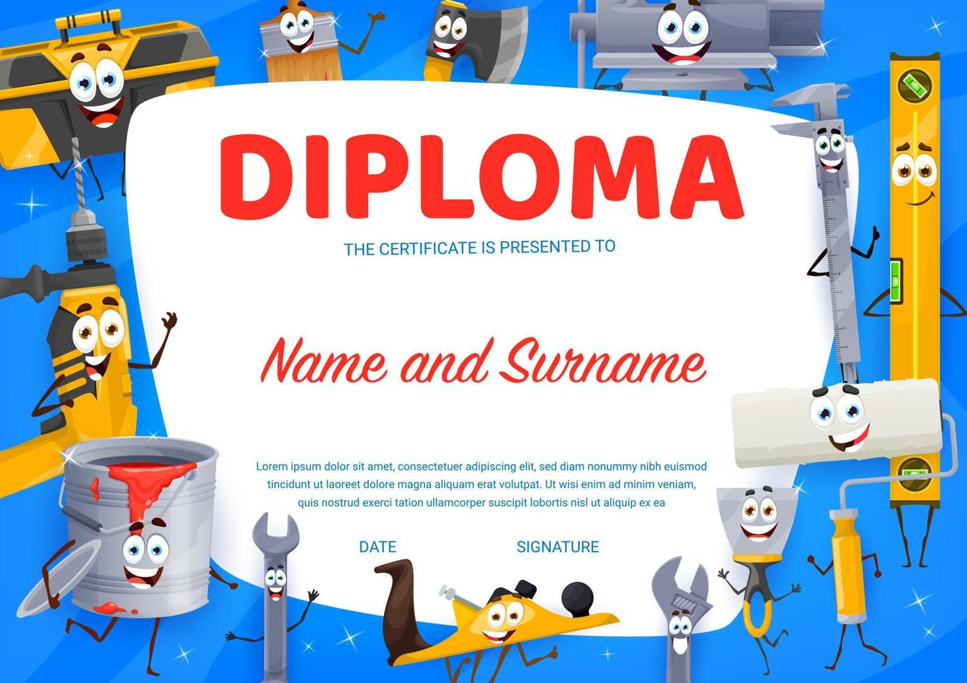 niños diploma con bricolaje y reparar herramientas caracteres vector