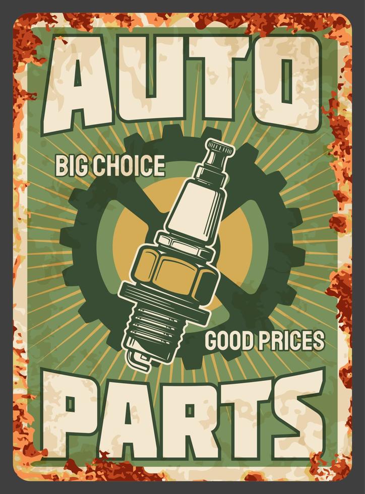 Vintage car spare parts shop or store rusty plate vector