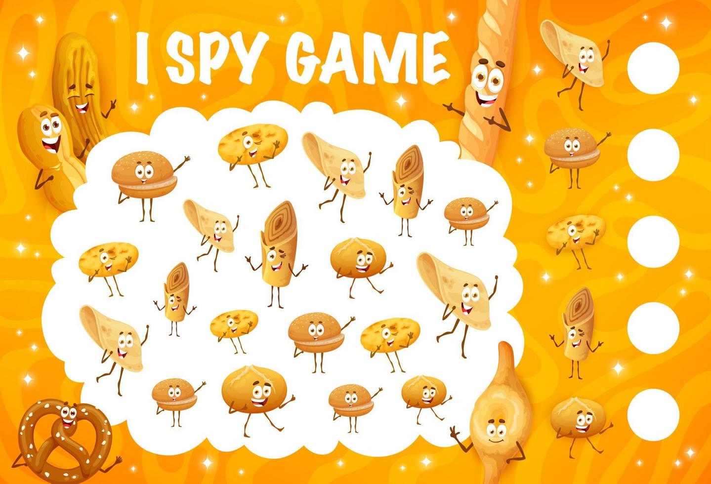 yo espía juego con dibujos animados panadería un pan caracteres vector