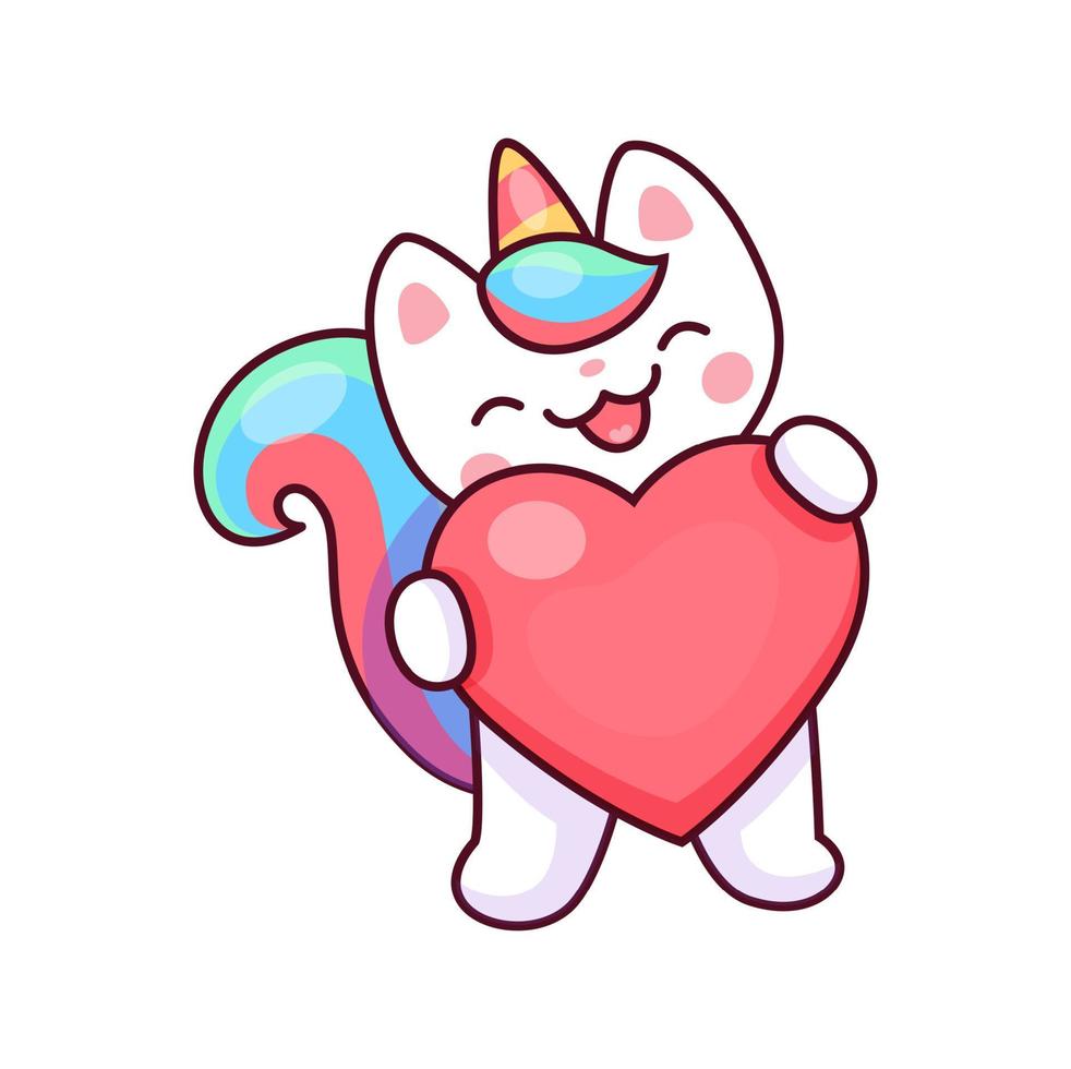 caticorn personaje con grande corazón en patas, amor vector