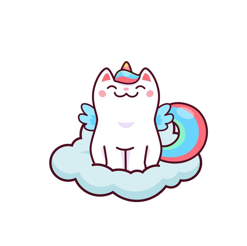 Cartoon cute kawaii caticorn character on cloud vector