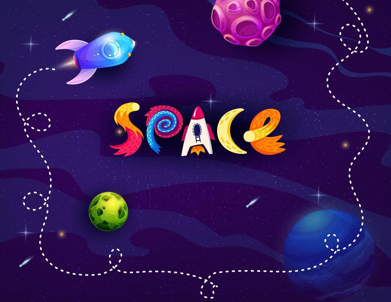 Cartoon space background, rocket and stars, vector